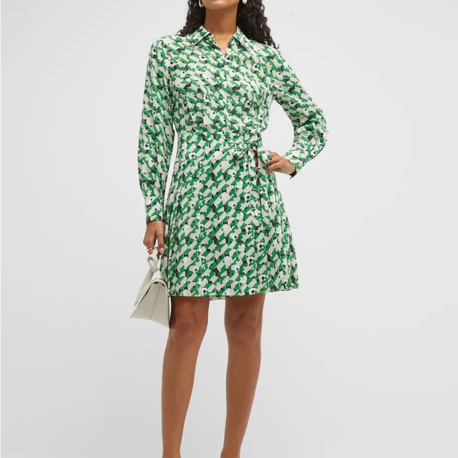 Jason Wu Green Abstract 100% Silk Pleated Shirtdress